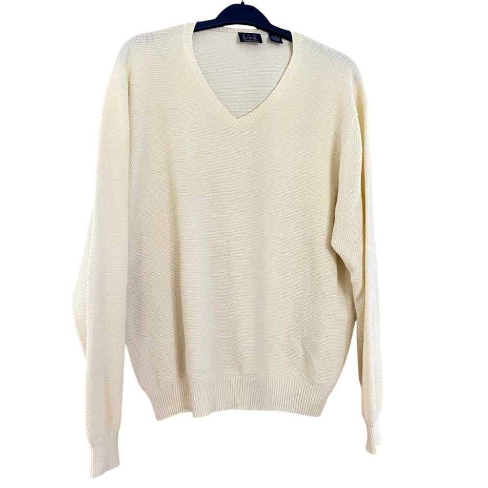 Jos. A. Bank V-Neck Sweater Mens XL Cream Great Cotton Textured Popcorn Knit